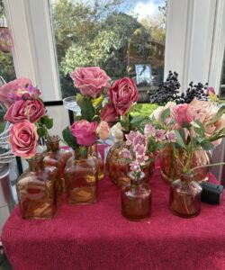 FAUX PINK  STEMS IN MED  BROWN JAR £38